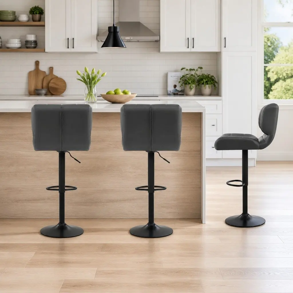 Bar Stools Gas Lift Swivel Chair PU Leather Padded Seat Chrome Base Grey 2 Pack