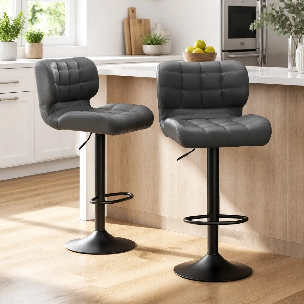 Bar Stools Gas Lift Swivel Chair PU Leather Padded Seat Chrome Base Grey 2 Pack