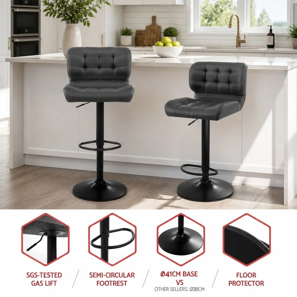 Bar Stools Gas Lift Padded Seat Swivel Kitchen Counter Height Grey