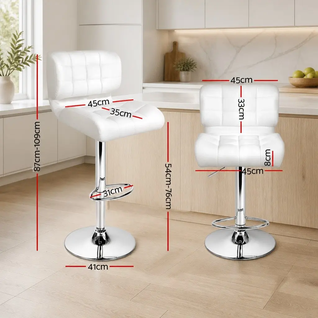 Bar Stools White Padded Seat Gas Lift Swivel Chair Chrome Base 2 Piece