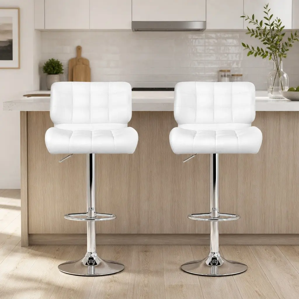 Bar Stools White Padded Seat Gas Lift Swivel Chair Chrome Base 2 Piece