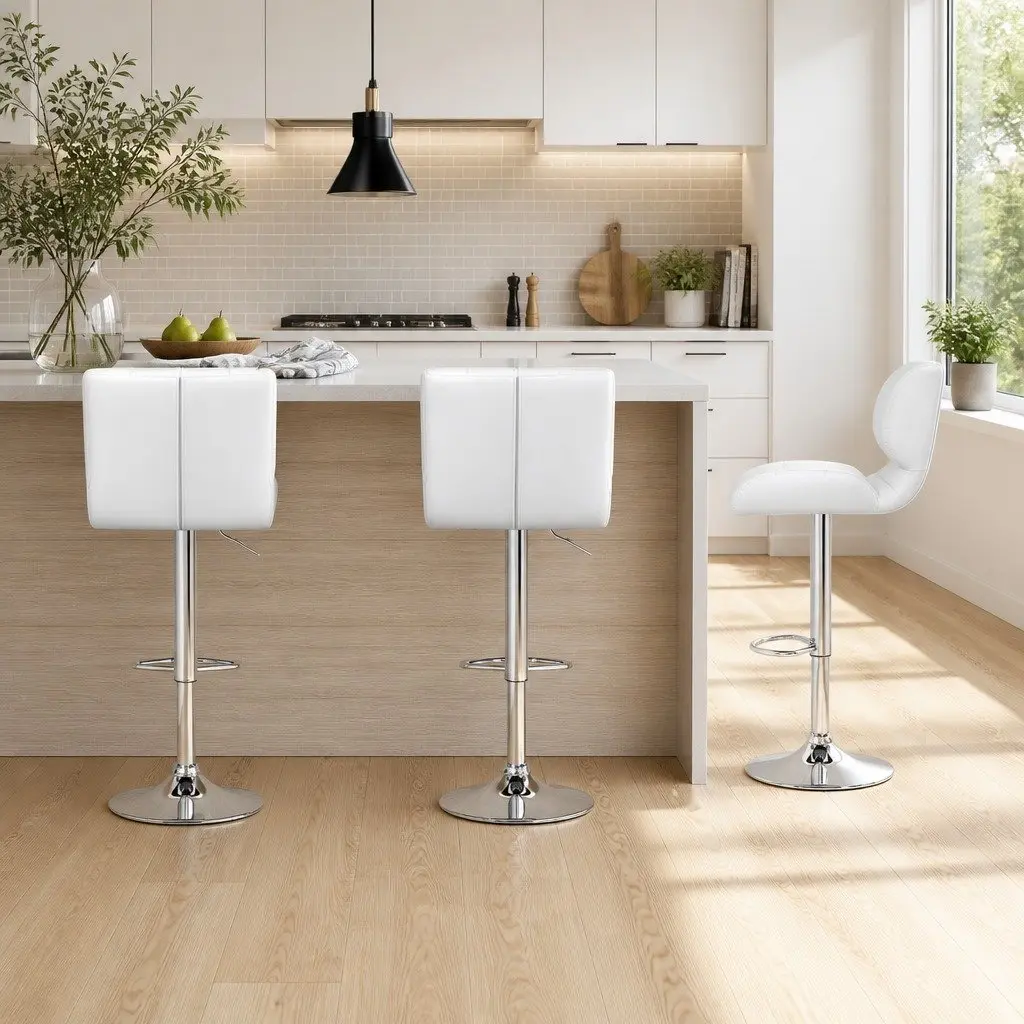Bar Stools White Padded Seat Gas Lift Swivel Chair Chrome Base 2 Piece