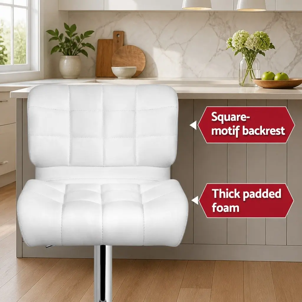 Bar Stools White Padded Seat Gas Lift Swivel Chair Chrome Base 2 Piece