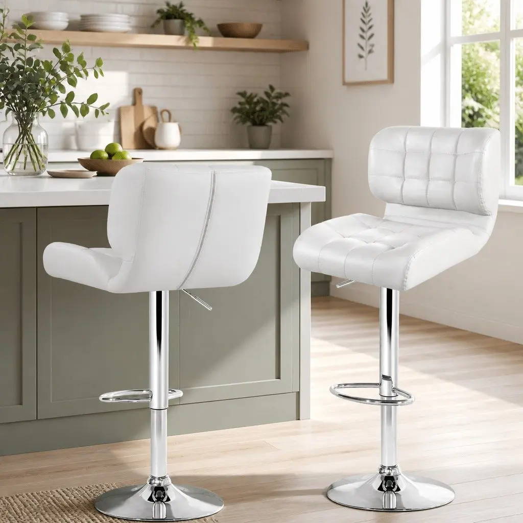Bar Stools White Padded Seat Gas Lift Swivel Chair Chrome Base 2 Piece
