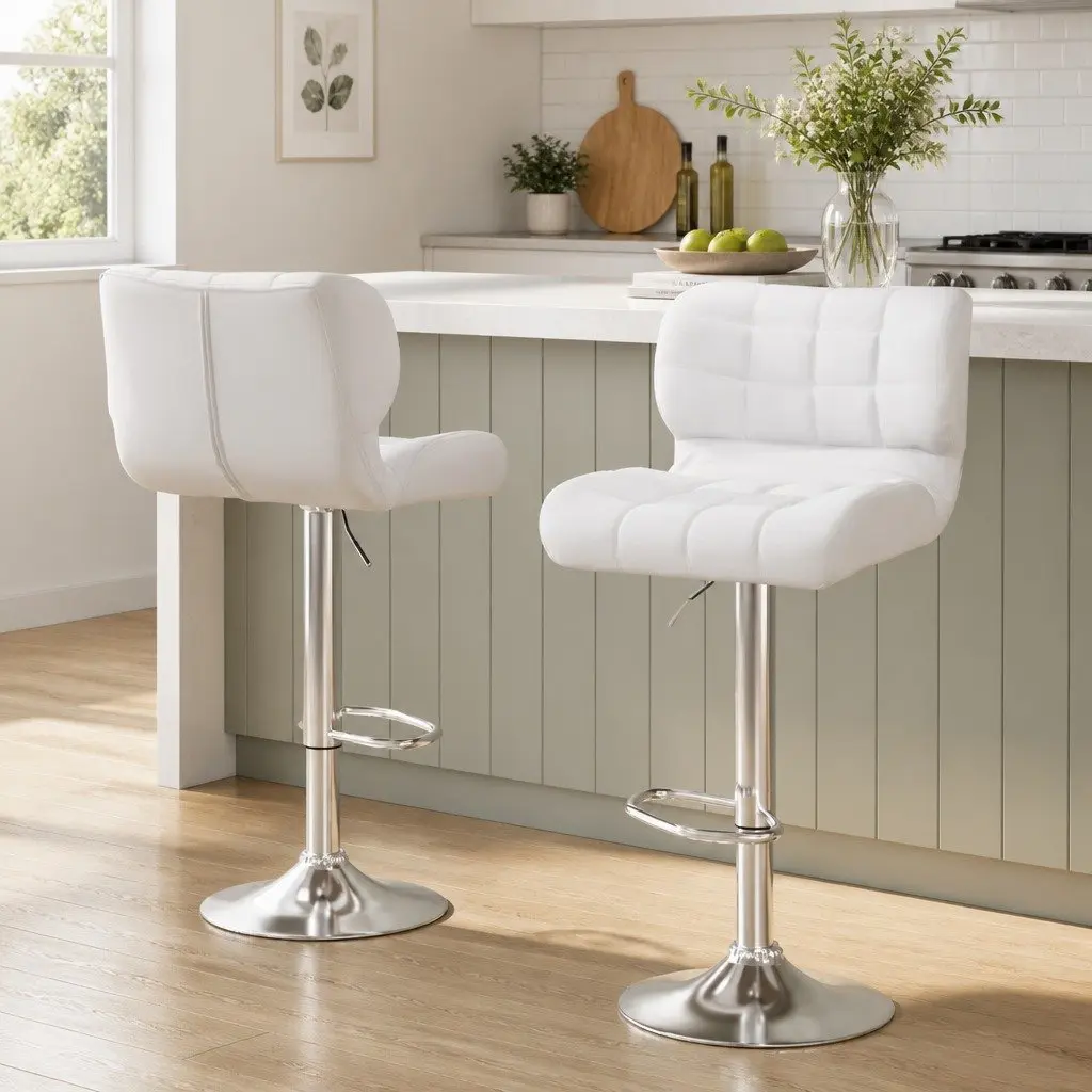 Bar Stools White Padded Seat Gas Lift Swivel Chair Chrome Base 2 Piece