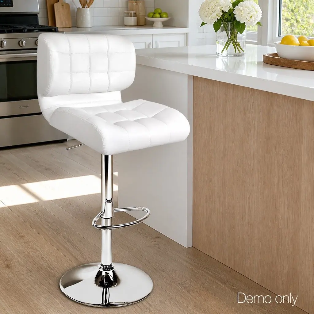 Bar Stools White Padded Seat Gas Lift Swivel Chair Chrome Base 2 Piece