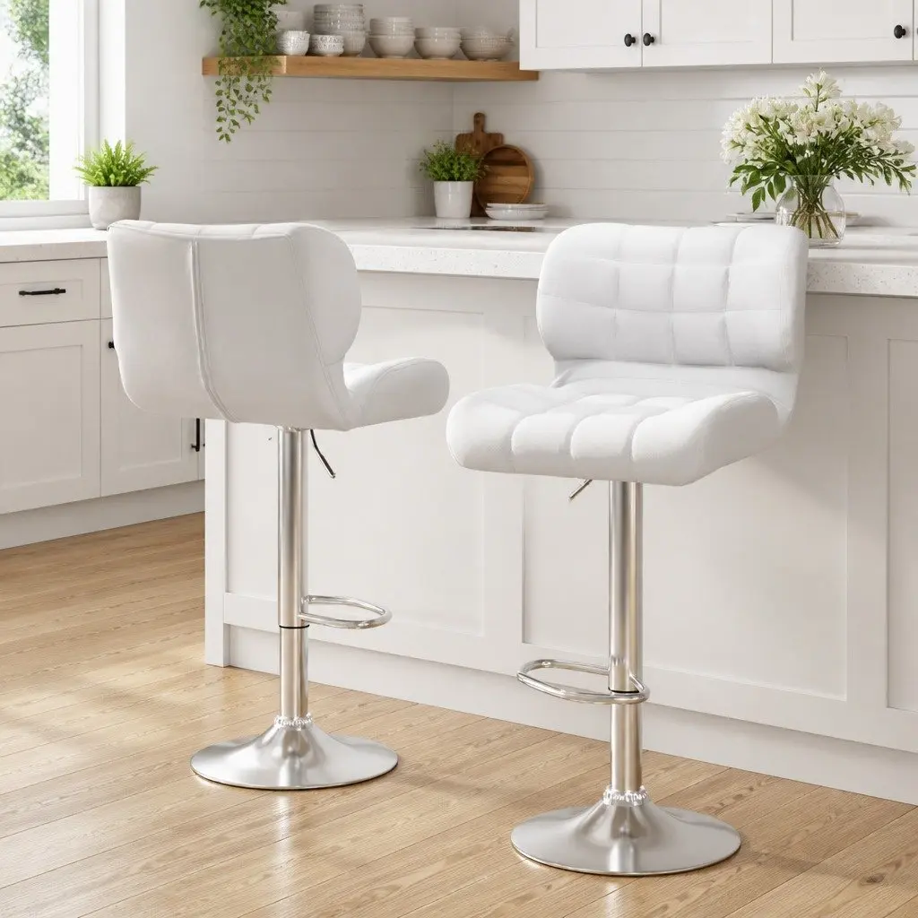 Bar Stools White Padded Seat Gas Lift Swivel Chair Chrome Base 2 Piece