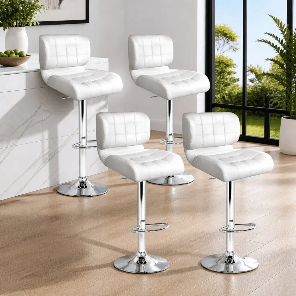 Bar Stools Gas Lift Padded Seat Swivel Chrome Base White 4 Piece