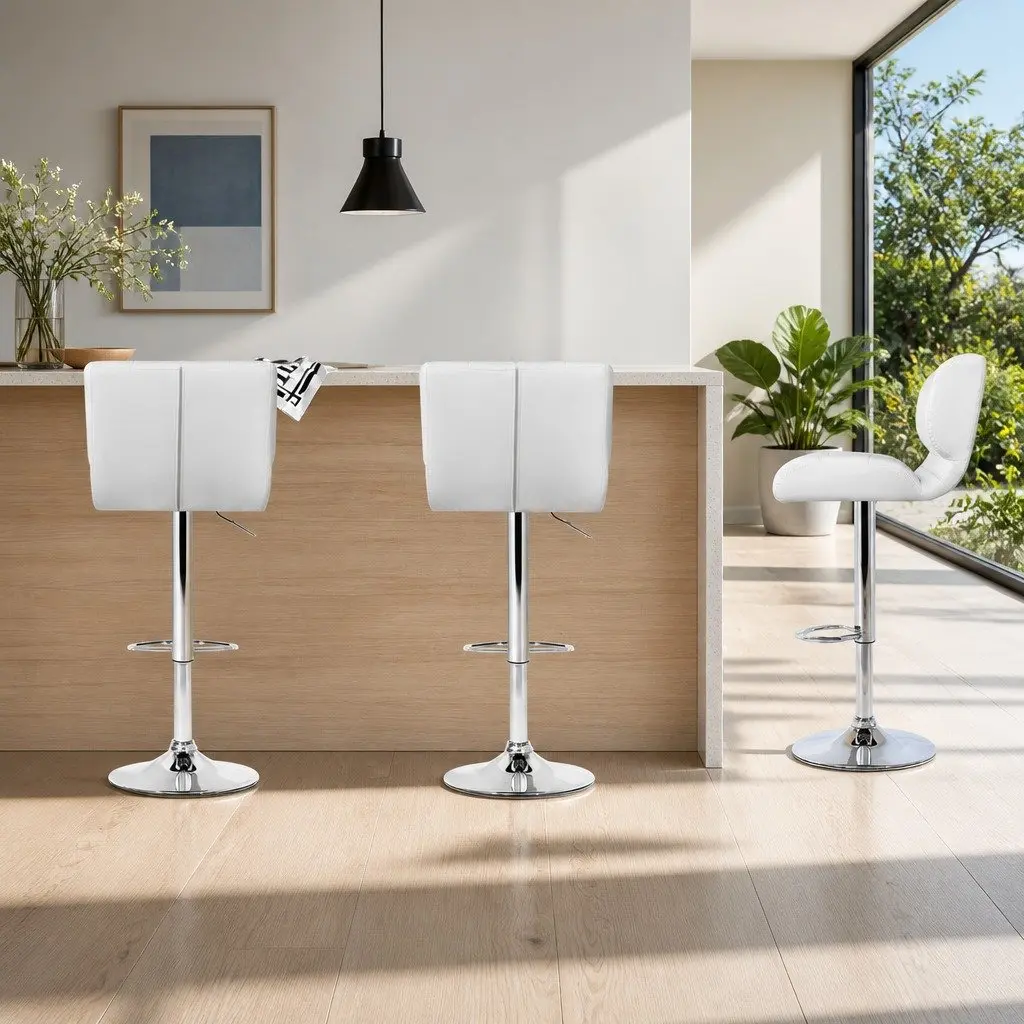Bar Stools Gas Lift Padded Seat Swivel Chrome Base White 4 Piece