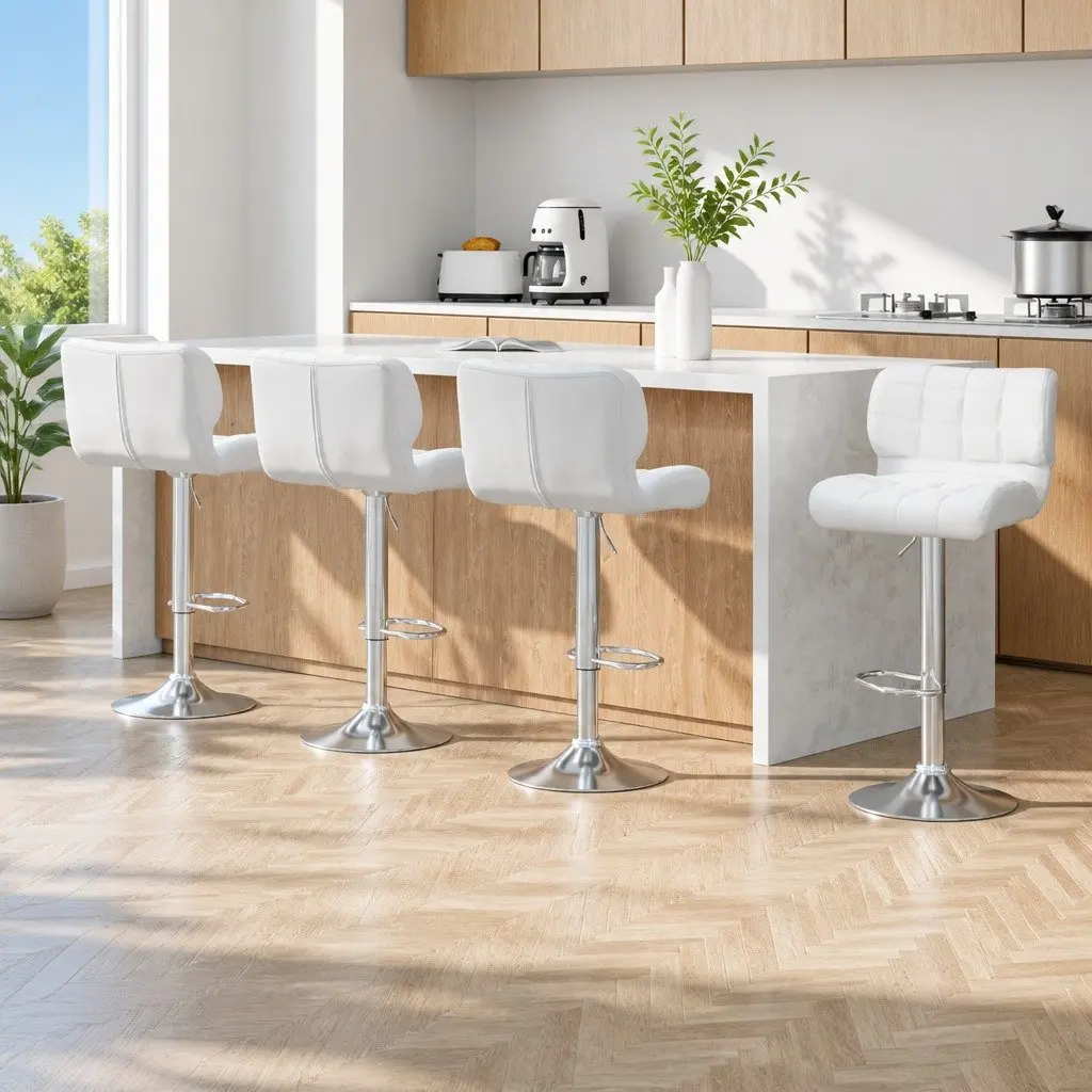 Bar Stools Gas Lift Padded Seat Swivel Chrome Base White 4 Piece
