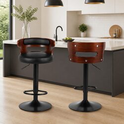 Set of 2 Adjustable Bar Stools in Black PU Leather