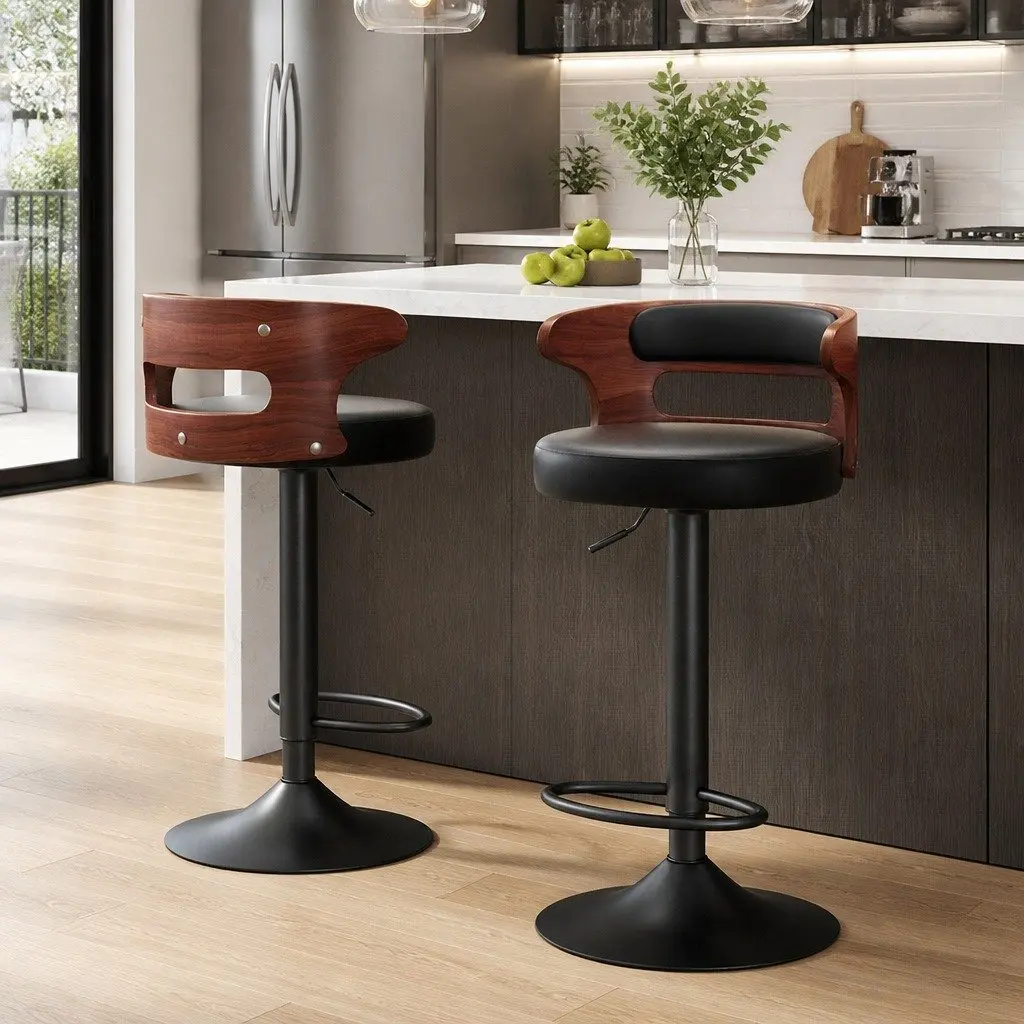 Bar Stools 2x Gas Lift Swivel Chair Black PU Leather Mid-Back Adjustable Height