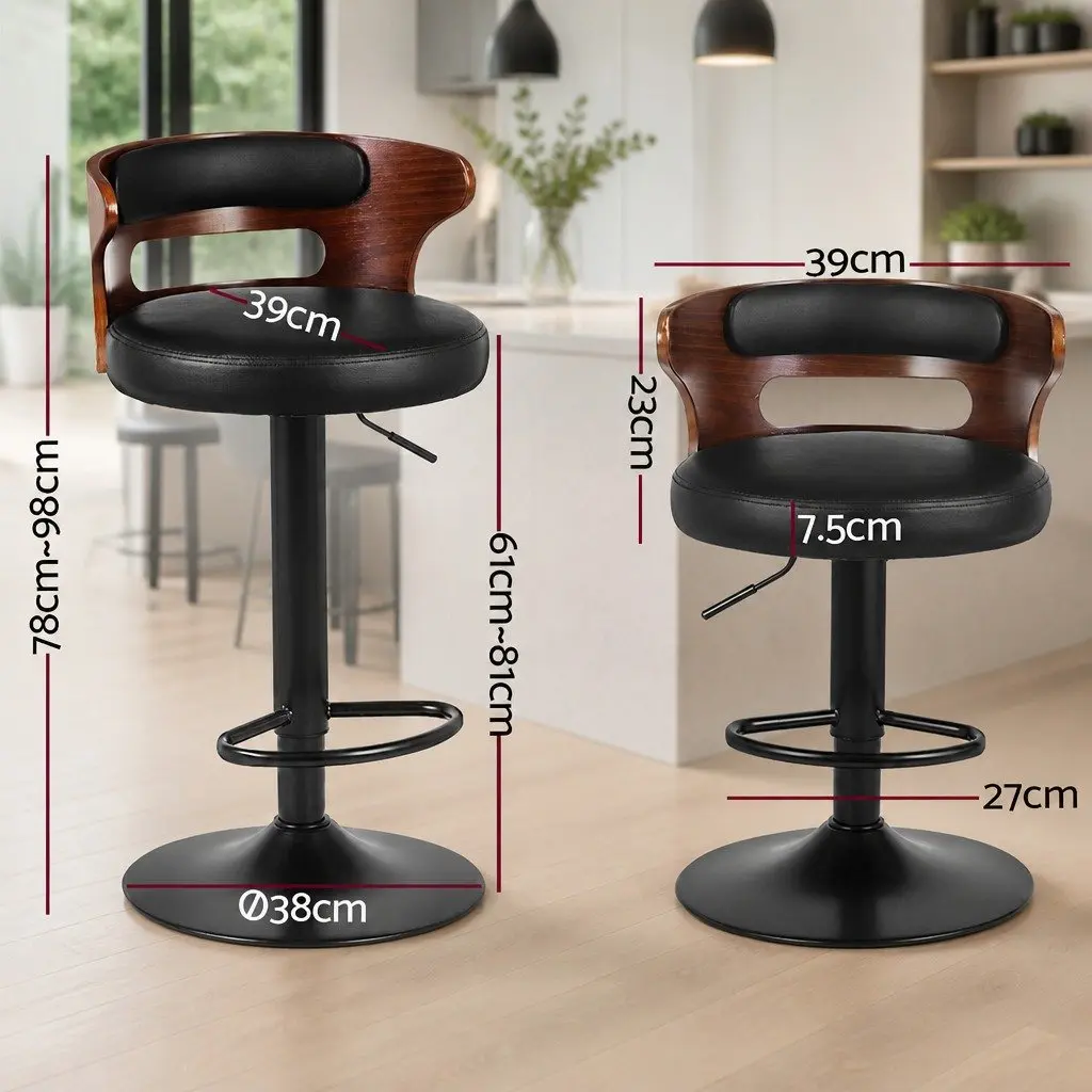 Bar Stools 2x Gas Lift Swivel Chair Black PU Leather Mid-Back Adjustable Height