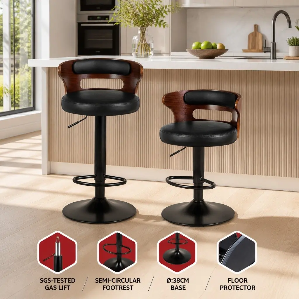 Bar Stools 2x Gas Lift Swivel Chair Black PU Leather Mid-Back Adjustable Height