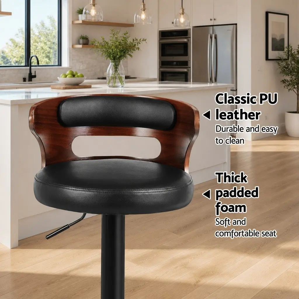 Bar Stools 2x Gas Lift Swivel Chair Black PU Leather Mid-Back Adjustable Height