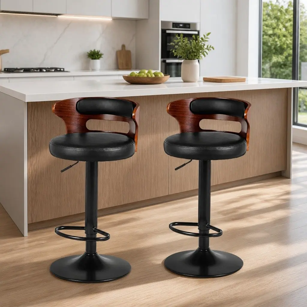 Bar Stools 2x Gas Lift Swivel Chair Black PU Leather Mid-Back Adjustable Height
