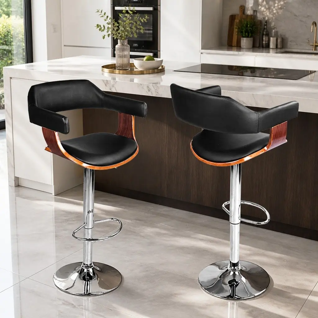 Bar Stools Swivel Gas Lift Armrest Black Padded Seat Chrome Base 4 Piece