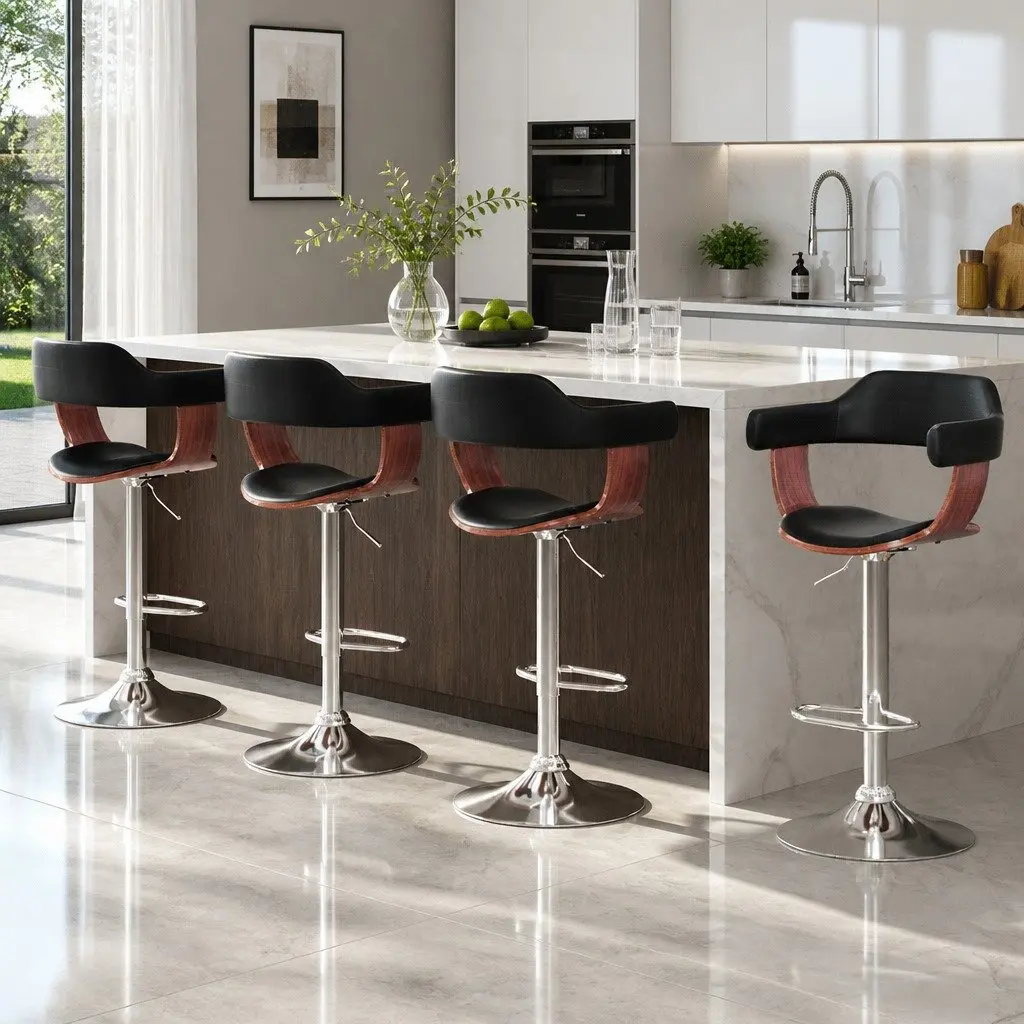 Bar Stools Swivel Gas Lift Armrest Black Padded Seat Chrome Base 4 Piece