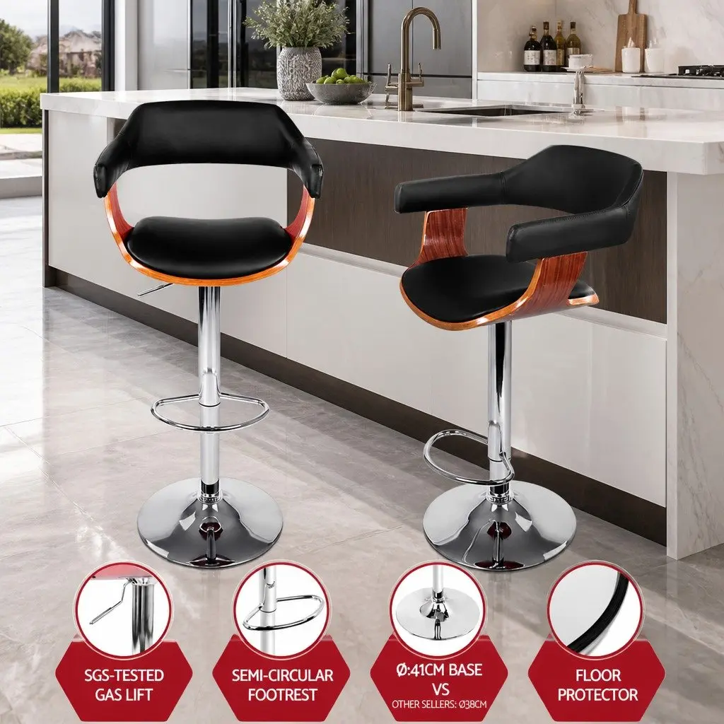 Bar Stools Swivel Gas Lift Armrest Black Padded Seat Chrome Base 4 Piece
