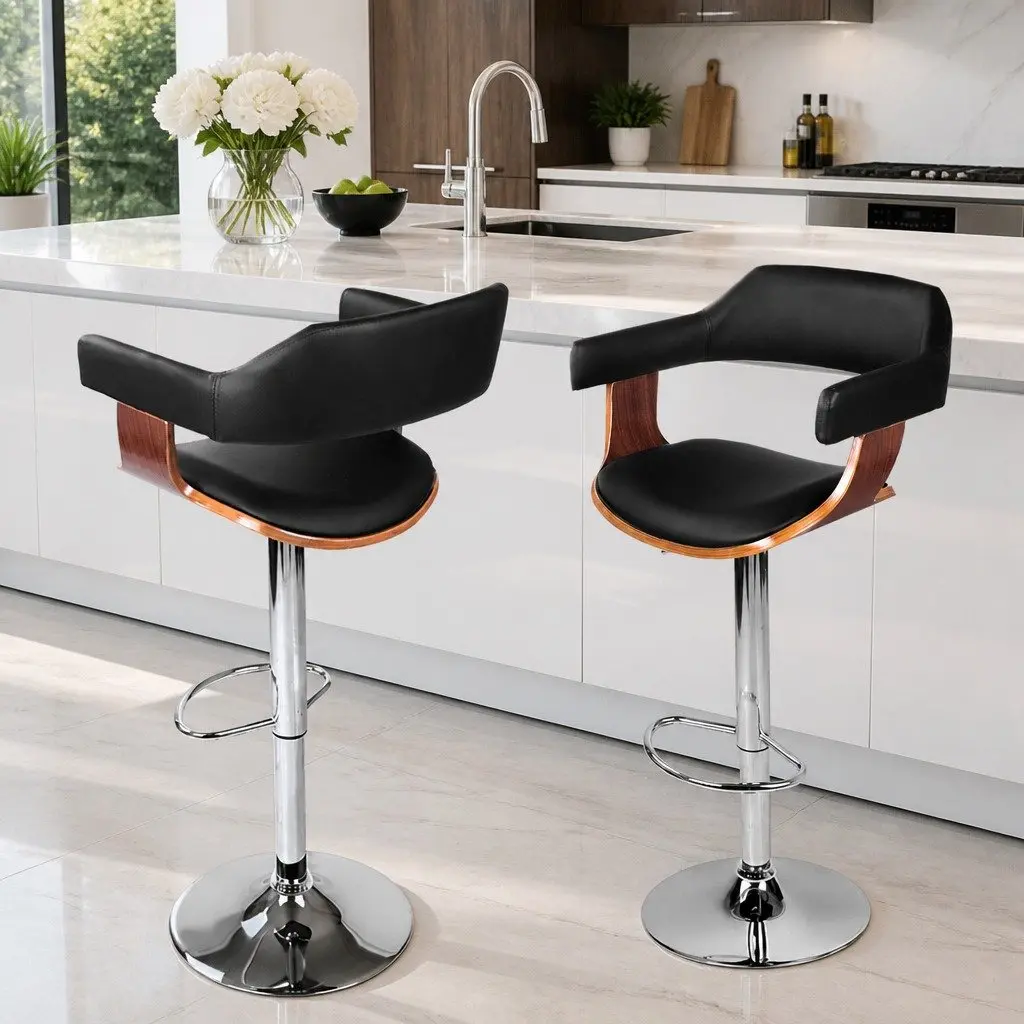 Bar Stools Swivel Gas Lift Armrest Black Padded Seat Chrome Base 4 Piece