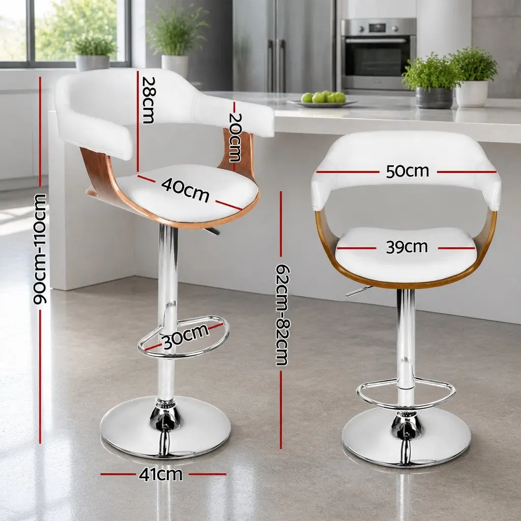 Bar Stools Height Adjustable Swivel Seat White PU Leather Wooden Chrome Base 4 Piece