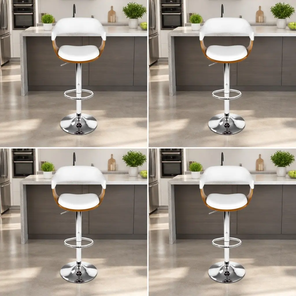 Bar Stools Height Adjustable Swivel Seat White PU Leather Wooden Chrome Base 4 Piece