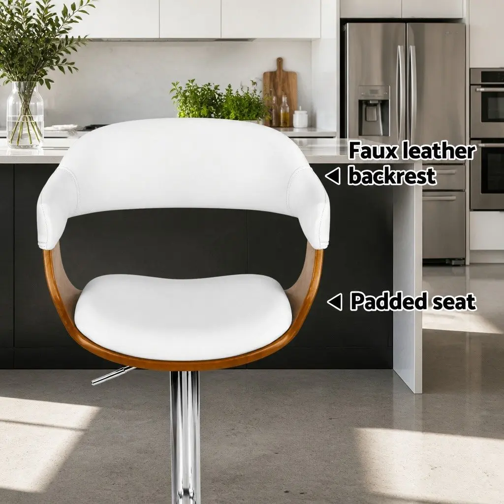 Bar Stools Height Adjustable Swivel Seat White PU Leather Wooden Chrome Base 4 Piece