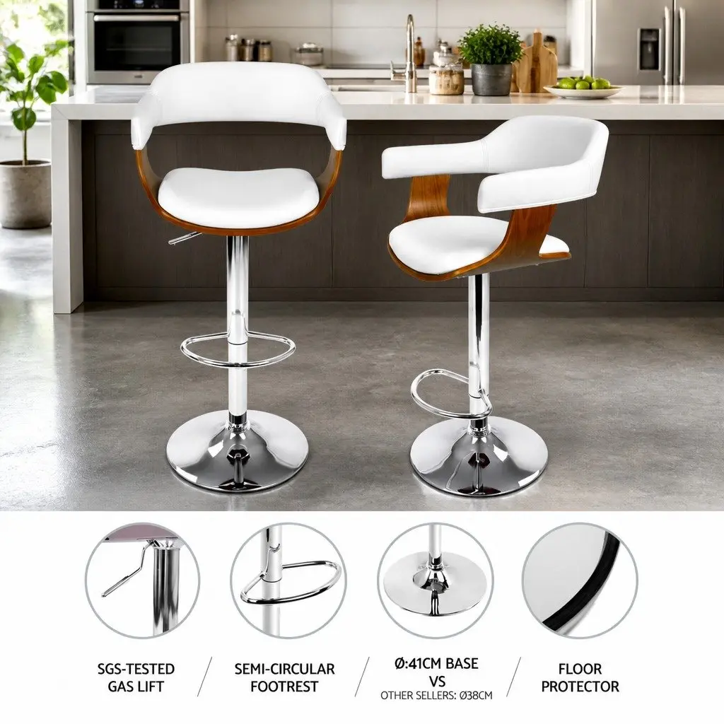Bar Stools Height Adjustable Swivel Seat White PU Leather Wooden Chrome Base 4 Piece