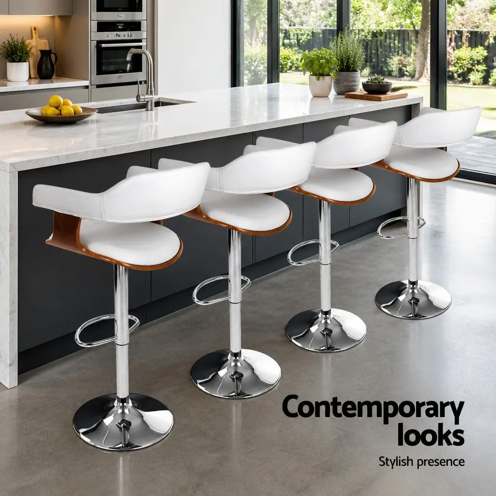 Bar Stools Height Adjustable Swivel Seat White PU Leather Wooden Chrome Base 4 Piece