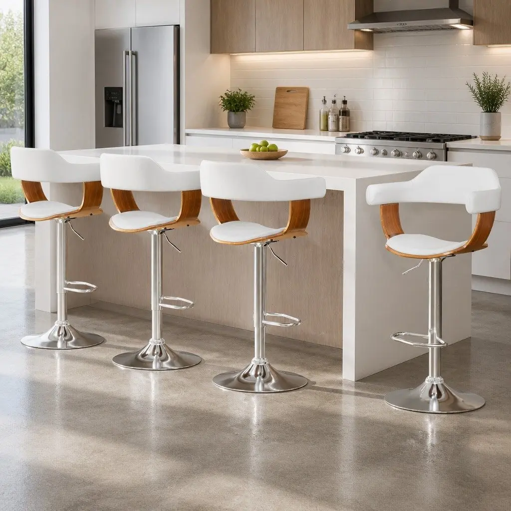Bar Stools Height Adjustable Swivel Seat White PU Leather Wooden Chrome Base 4 Piece