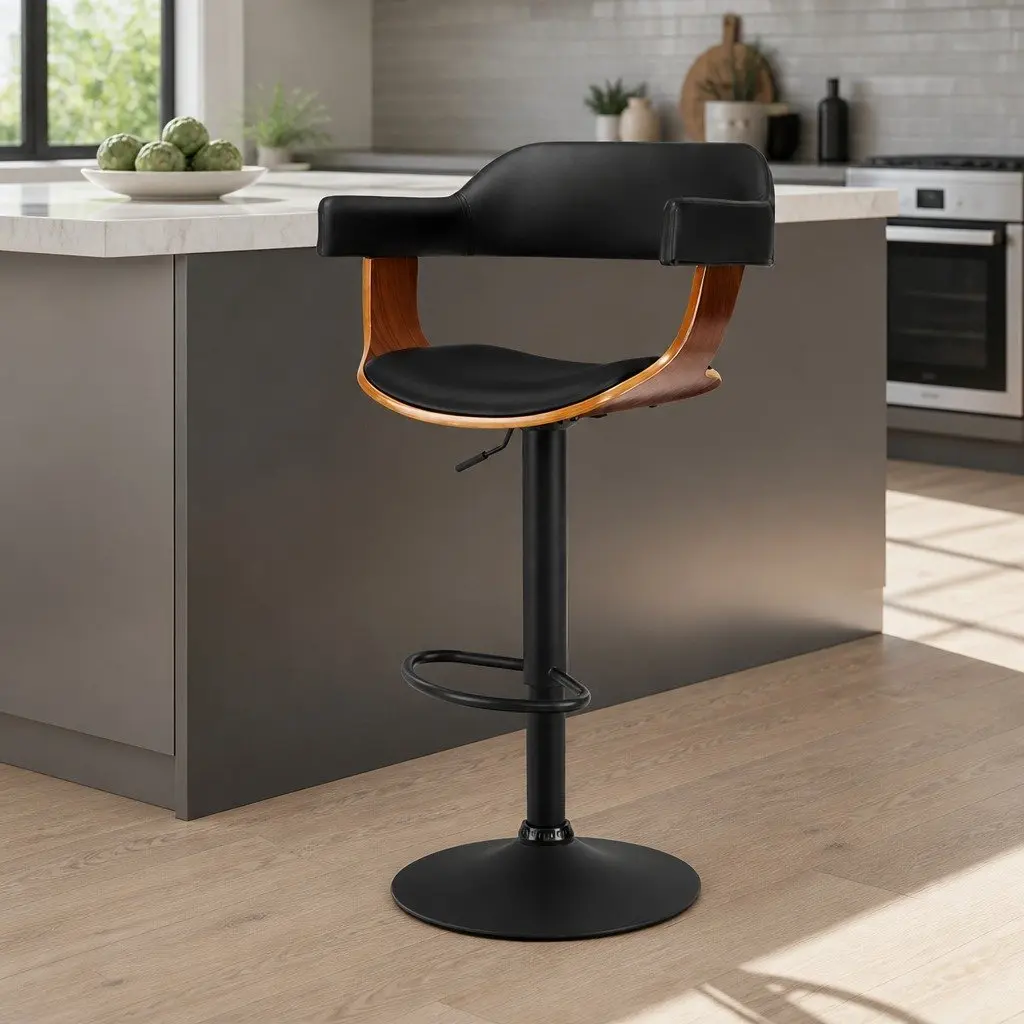 Bar Stools Gas Lift Black PU Leather Padded Seat with Armrest 360 Degree Rotating