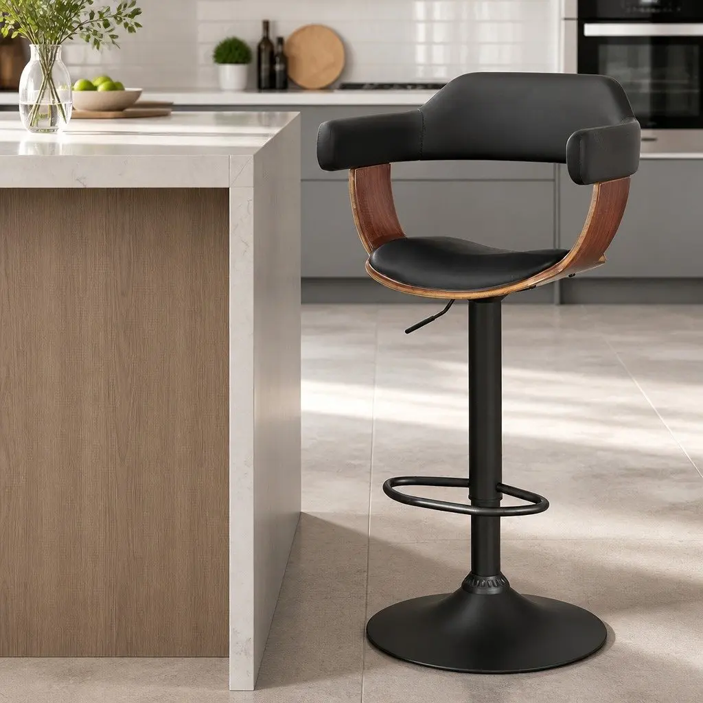 Bar Stools Gas Lift Black PU Leather Padded Seat with Armrest 360 Degree Rotating