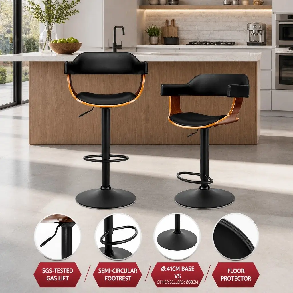Bar Stools Gas Lift Black PU Leather Padded Seat with Armrest 360 Degree Rotating