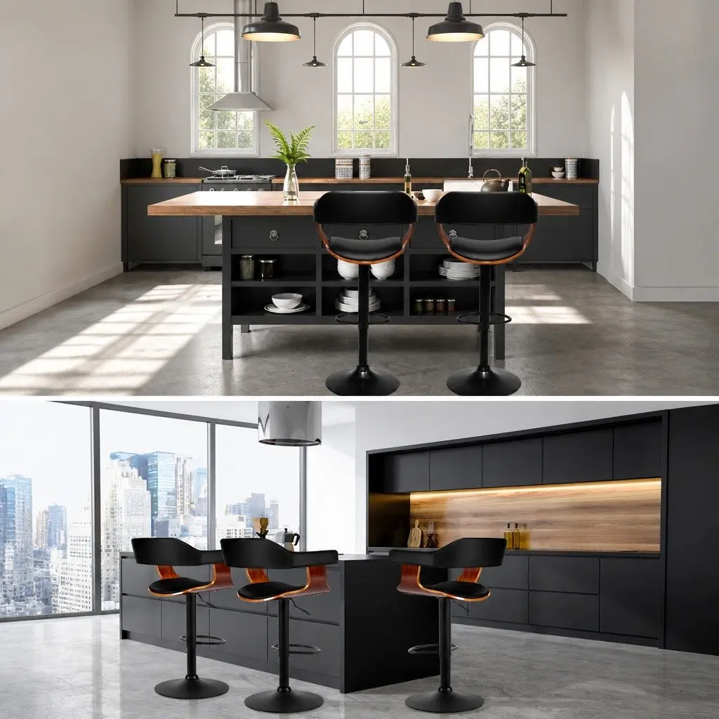 Bar Stools Gas Lift Black PU Leather Padded Seat with Armrest 360 Degree Rotating
