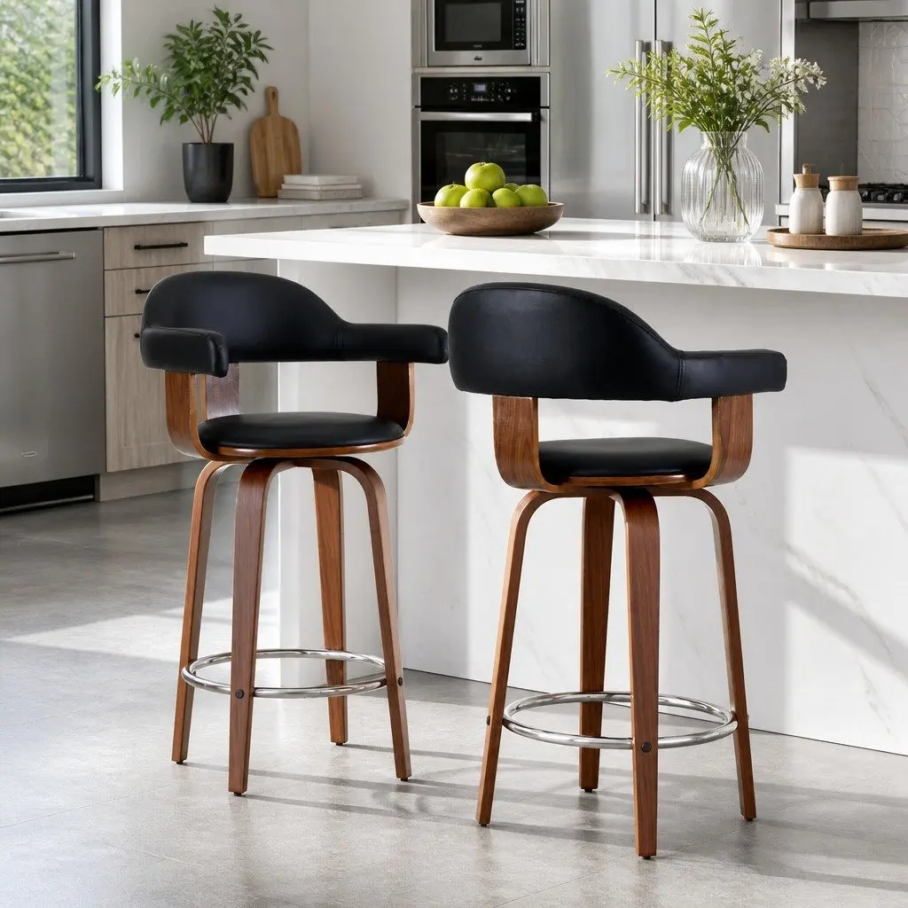 Set of 2 Black Bar Stools with Padded Seats