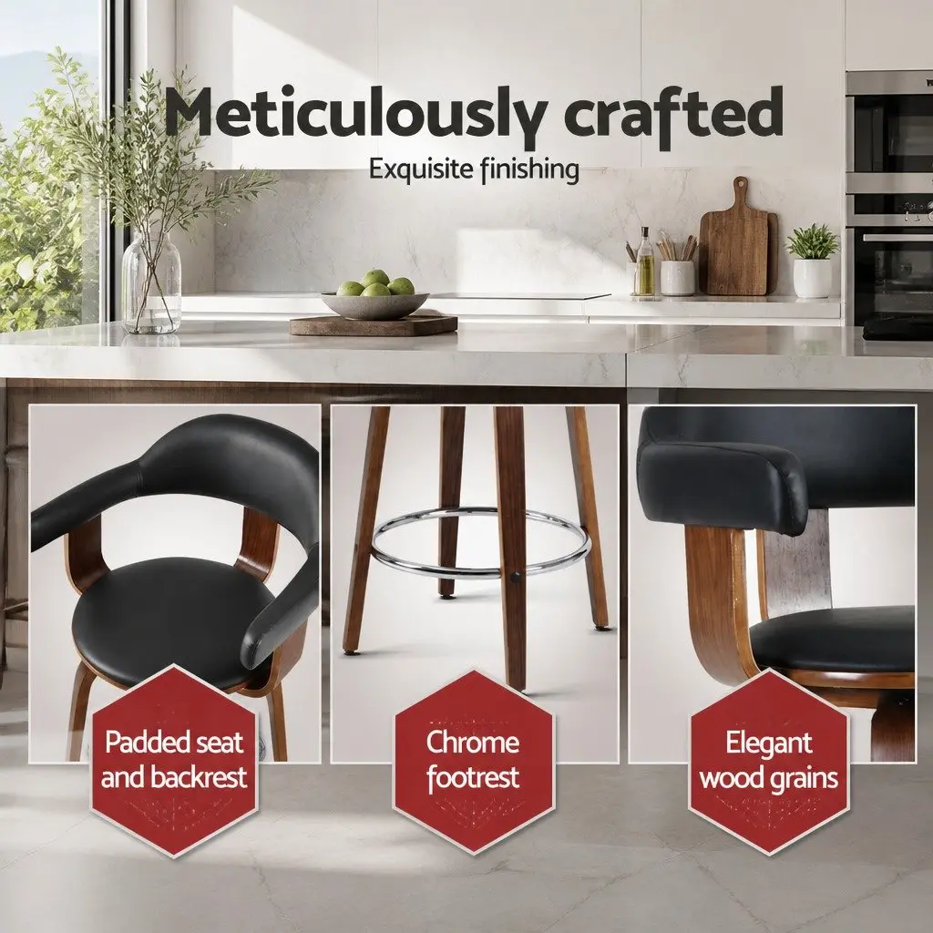 Set of 2 Black Bar Stools with Padded Seats