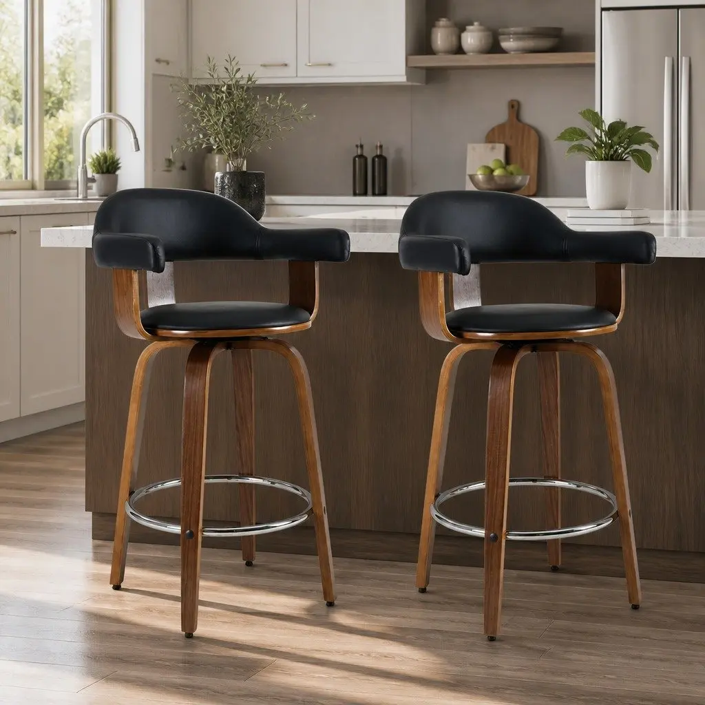 Set of 2 Black Bar Stools with Padded Seats