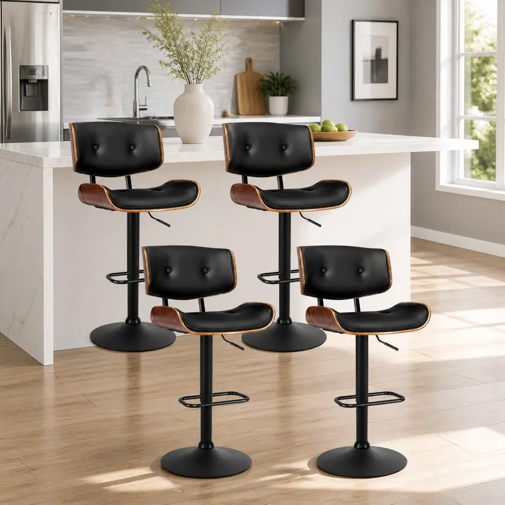 Bar Stools Gas Lift 360 Rotatable Black PU Leather Padded Seat 4 Piece
