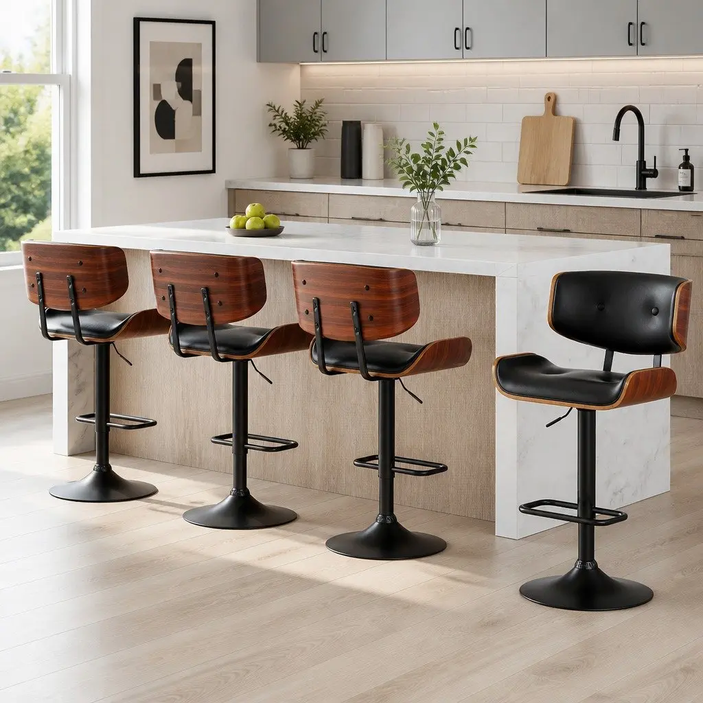 Bar Stools Gas Lift 360 Rotatable Black PU Leather Padded Seat 4 Piece