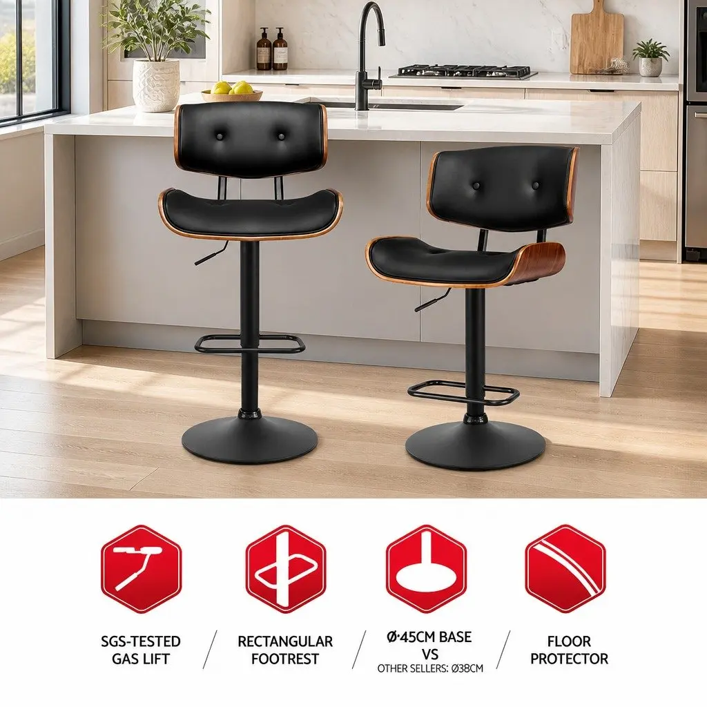 Bar Stools Gas Lift 360 Rotatable Black PU Leather Padded Seat 4 Piece