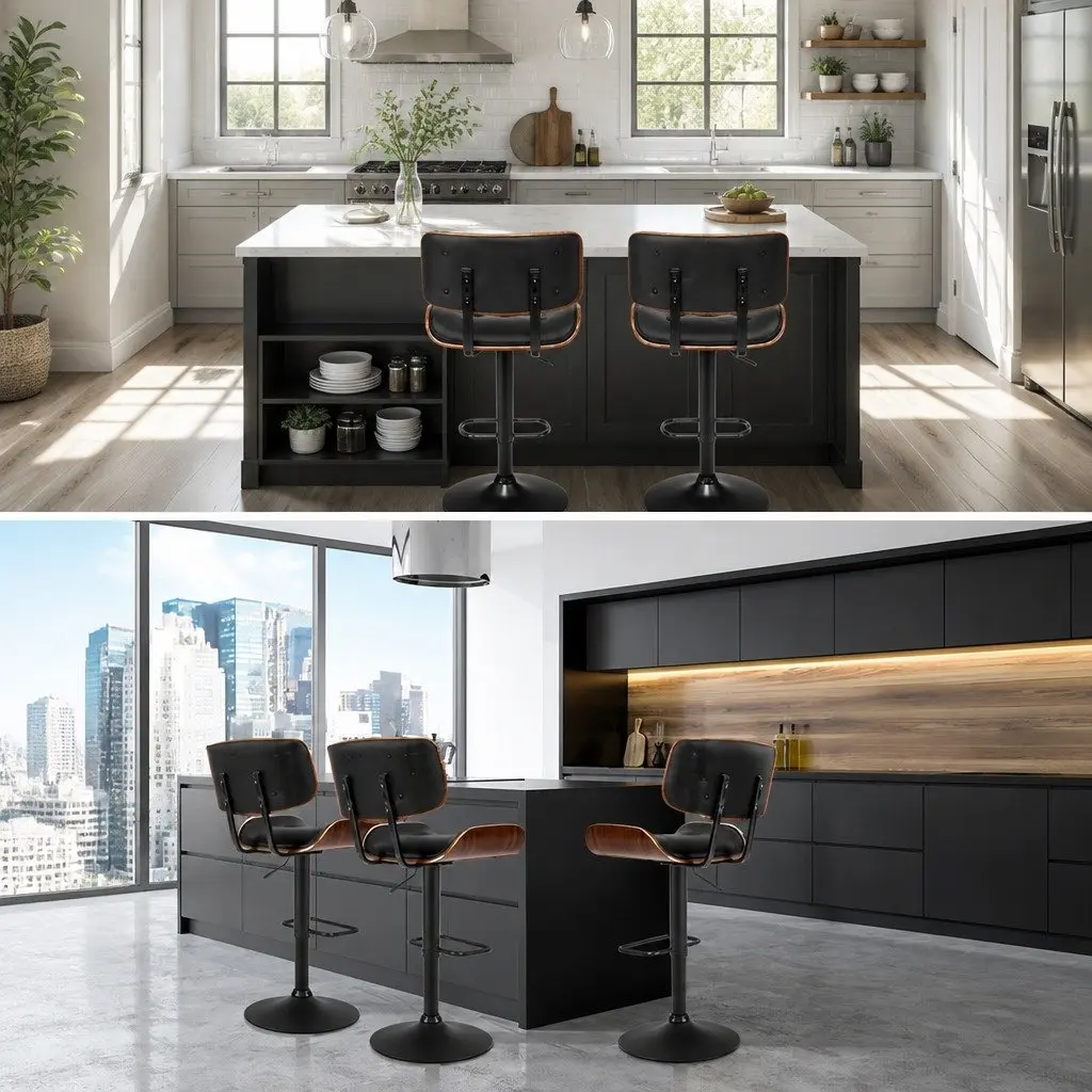 Bar Stools Gas Lift 360 Rotatable Black PU Leather Padded Seat 4 Piece