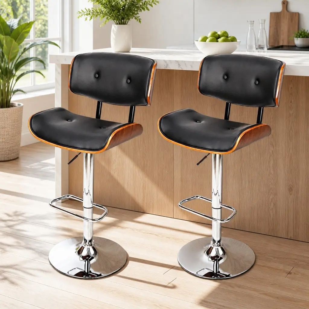 Bar Stools Wooden Seat PU Leather Black Gas Lift Swivel Chrome Base Set of 2