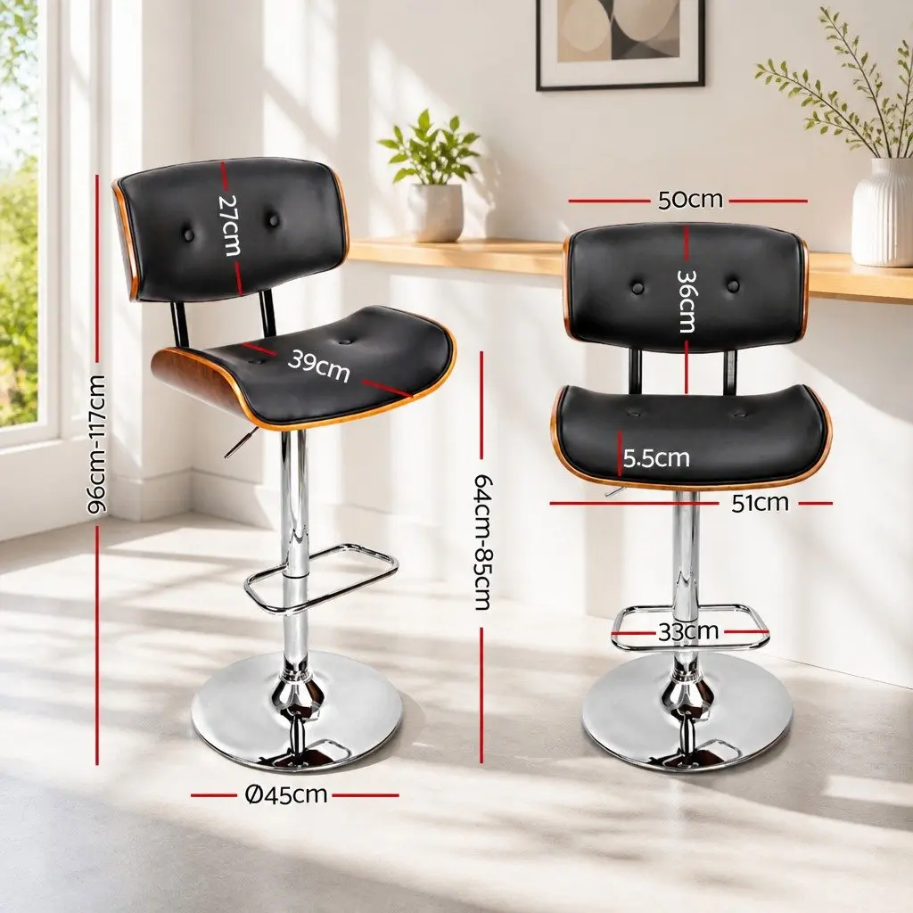 Bar Stools Wooden Seat PU Leather Black Gas Lift Swivel Chrome Base Set of 2