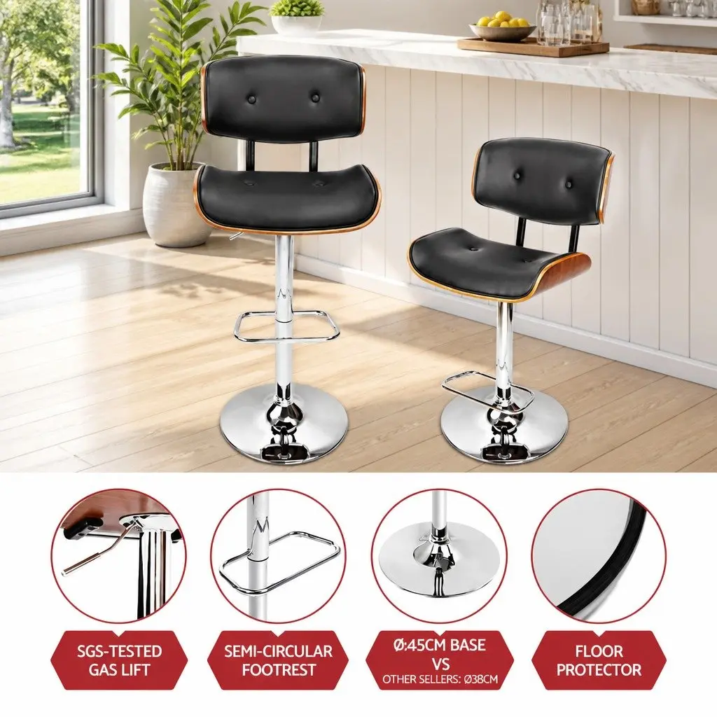 Bar Stools Wooden Seat PU Leather Black Gas Lift Swivel Chrome Base Set of 2