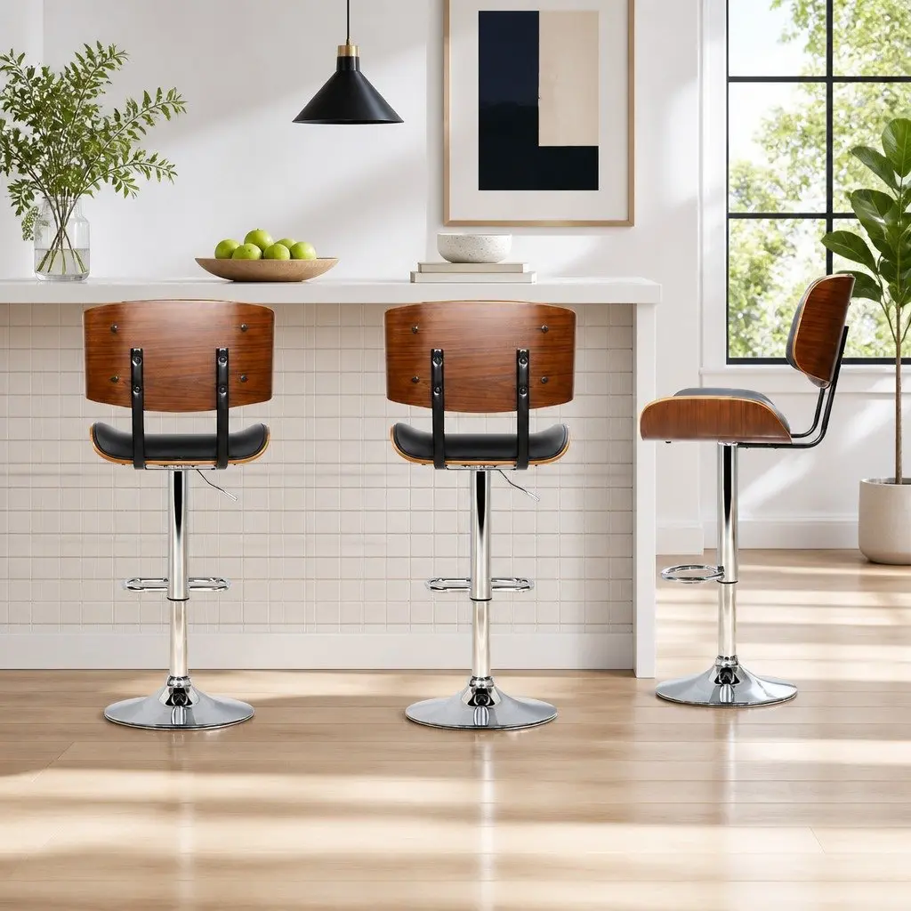 Bar Stools Wooden Seat PU Leather Black Gas Lift Swivel Chrome Base Set of 2
