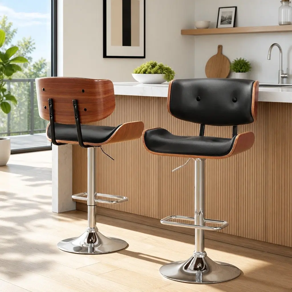 Bar Stools Wooden Seat PU Leather Black Gas Lift Swivel Chrome Base Set of 2