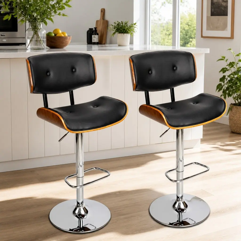 Bar Stools Wooden Seat PU Leather Black Gas Lift Swivel Chrome Base Set of 2