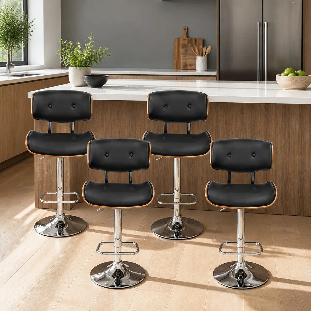 Bar Stools Swivel Adjustable Height Chrome Base Padded Seat Wooden 4 Piece Set