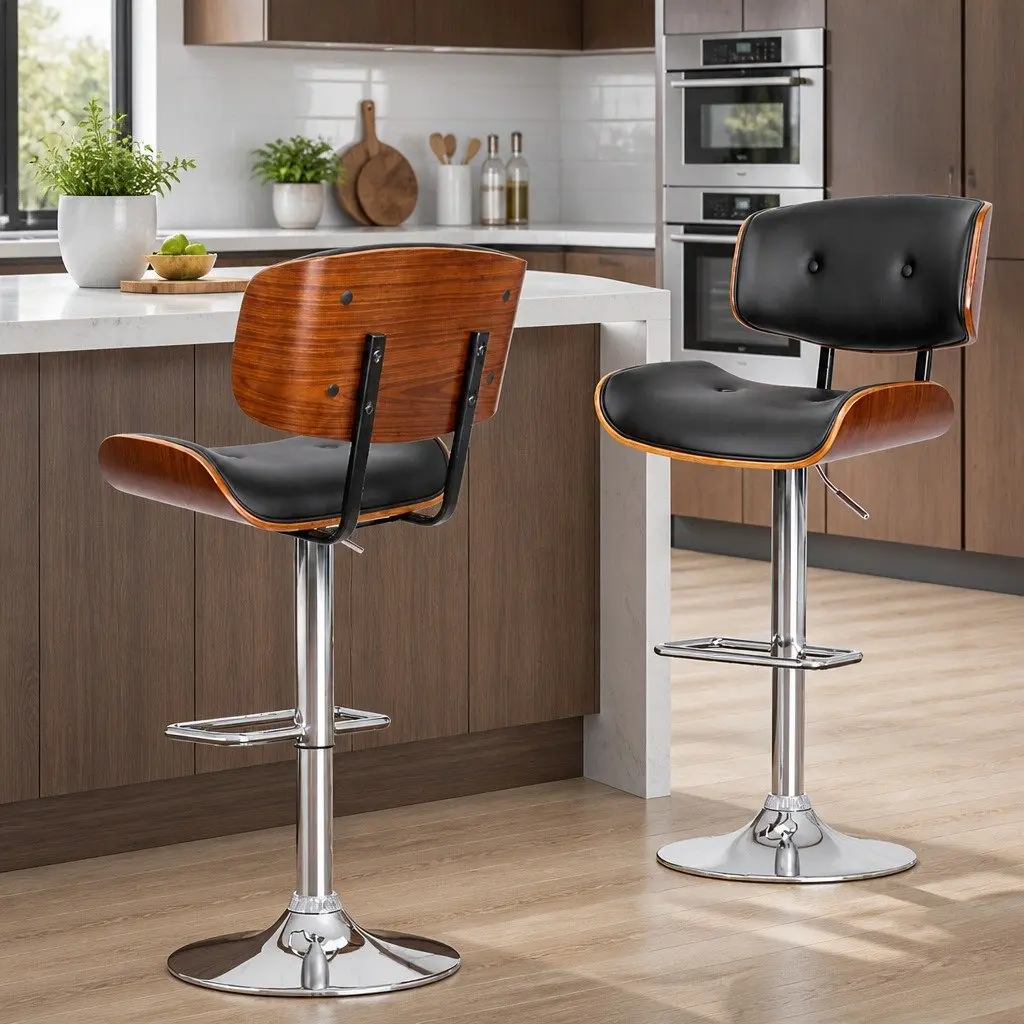Bar Stools Swivel Adjustable Height Chrome Base Padded Seat Wooden 4 Piece Set