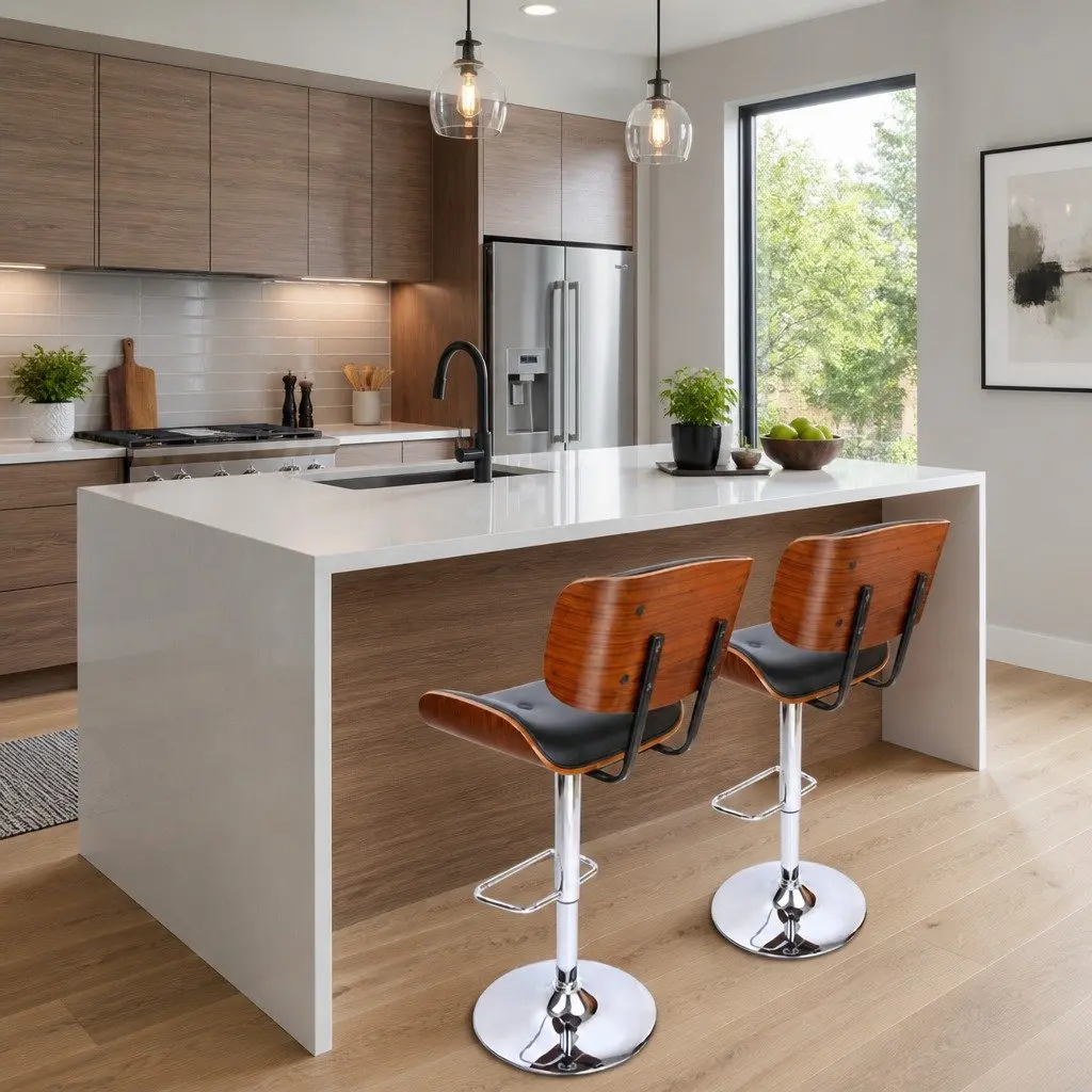 Bar Stools Swivel Adjustable Height Chrome Base Padded Seat Wooden 4 Piece Set